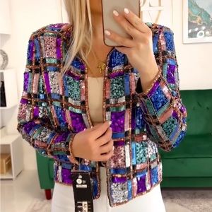 LESLIE FAY EVENINGS 100% Silk Sequined Embellished Dress Jacket